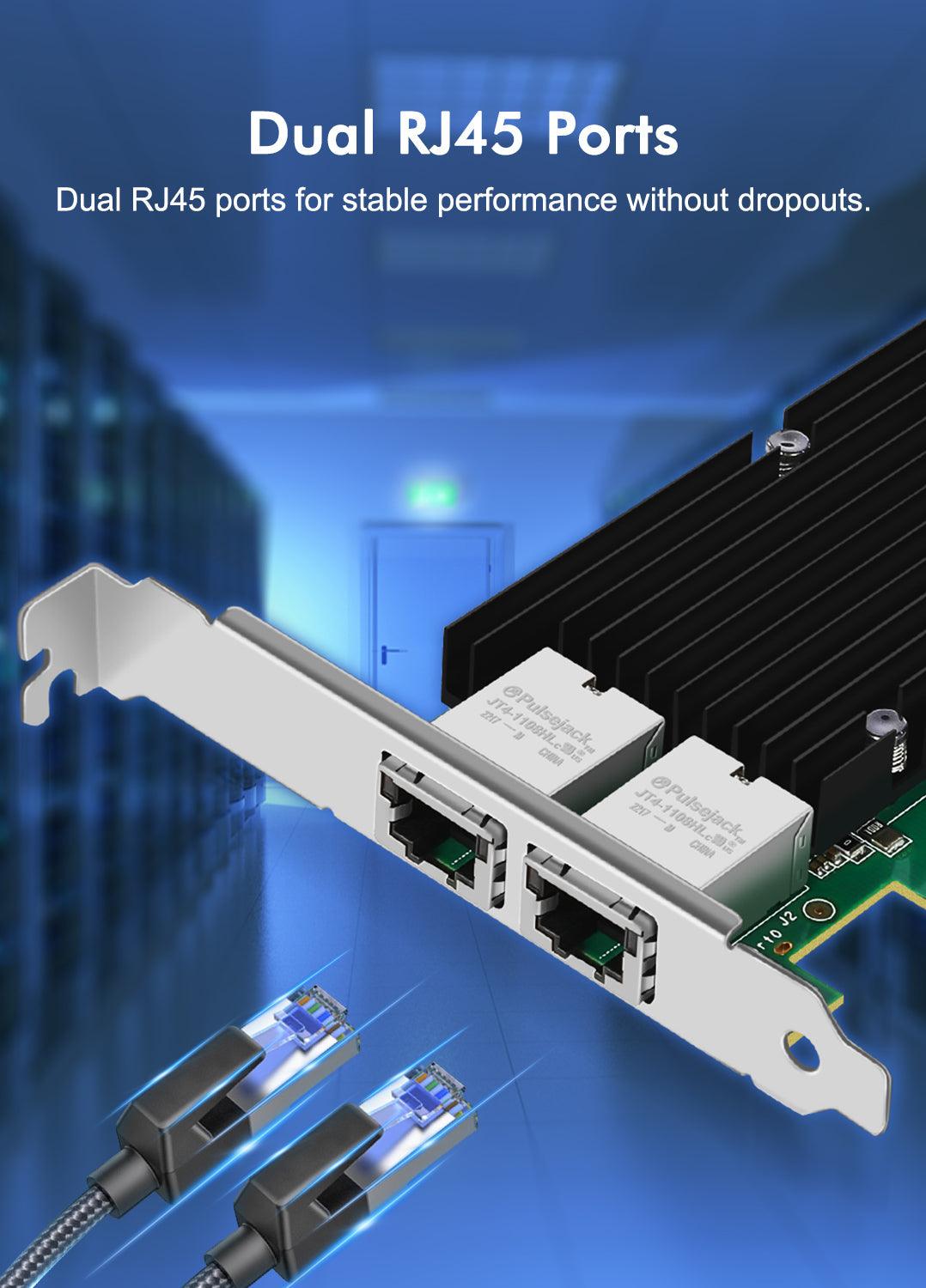 Binardat 2 Port 10G Ethernet PCIe Network Adapter, Intel X540 chip LAN  Controller, 10G/1G/100Mbps Ethernet RJ45 NIC Card for Windows/Linux/VMware