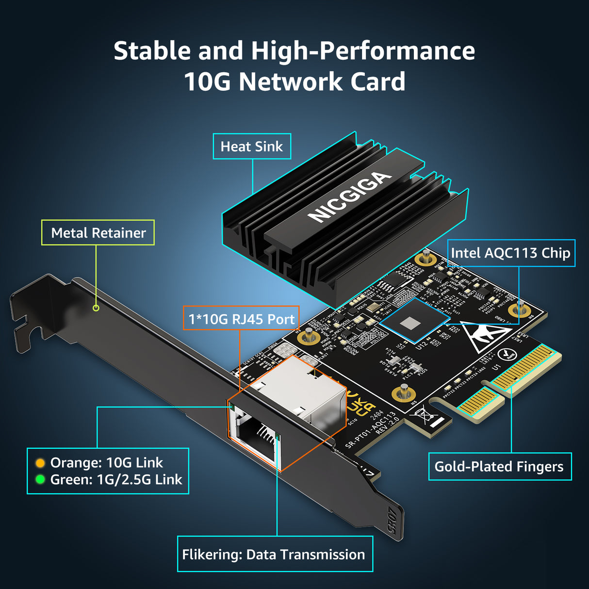 10G Base-T PCI-e Netzwerkkarte, Marvell AQtion AQC113C Controller, NICGIGA 10Gb Ethernet Adapter, 10Gbe RJ45 Port NIC Karte, Windows10/11/Windows Server/Linux 