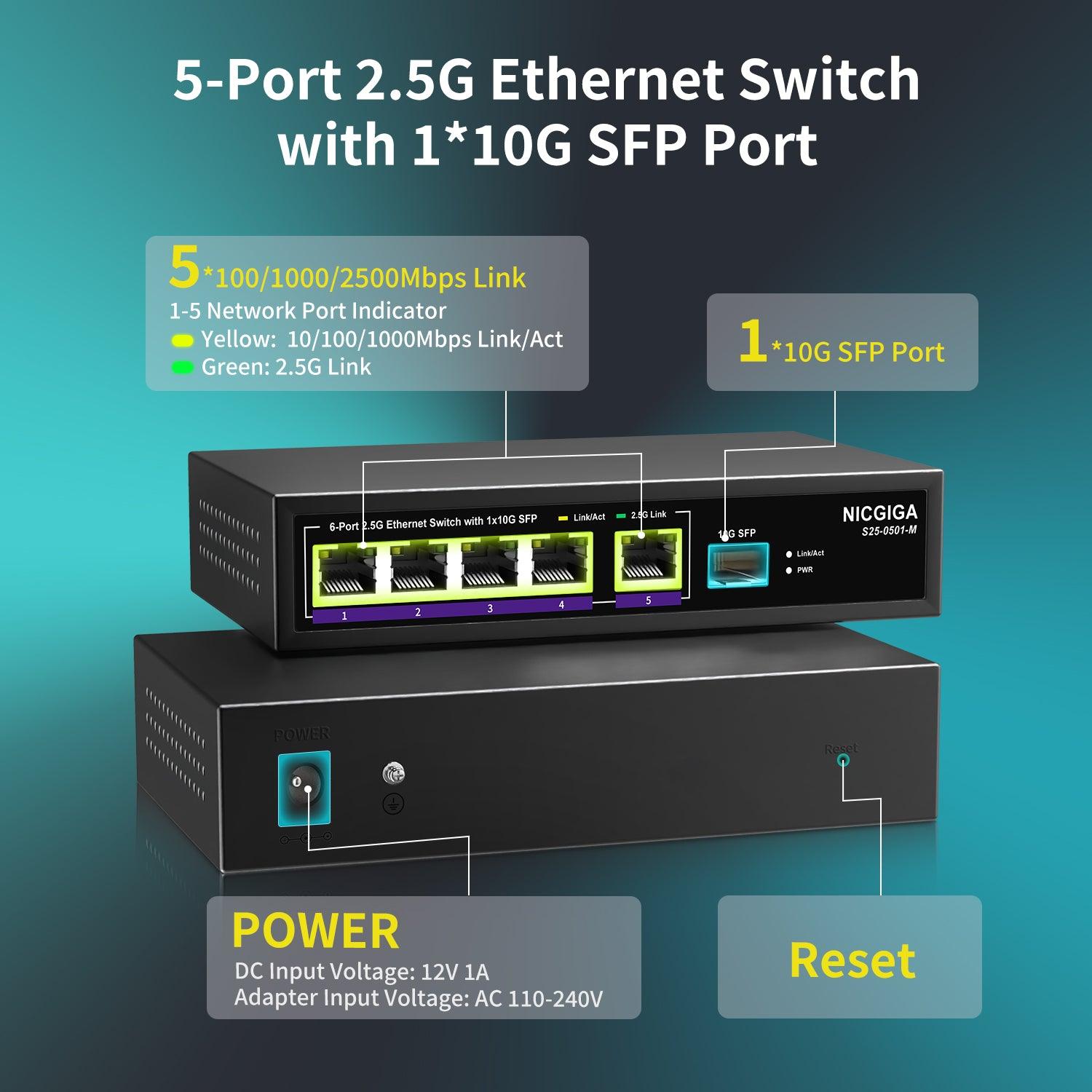 6 Port 2.5G Web Smart Managed Ethernet Switch, 5x2.5Gbps Base-T&1x 10G –  NICGIGA