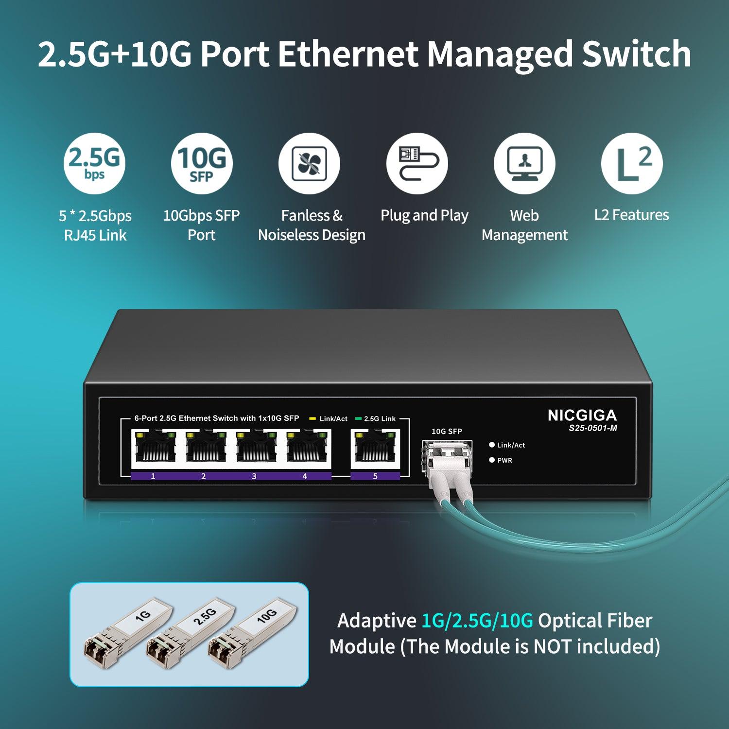 6 Port 2.5G Web Smart Managed Ethernet Switch, 5x2.5Gbps Base-T&1x 10G –  NICGIGA