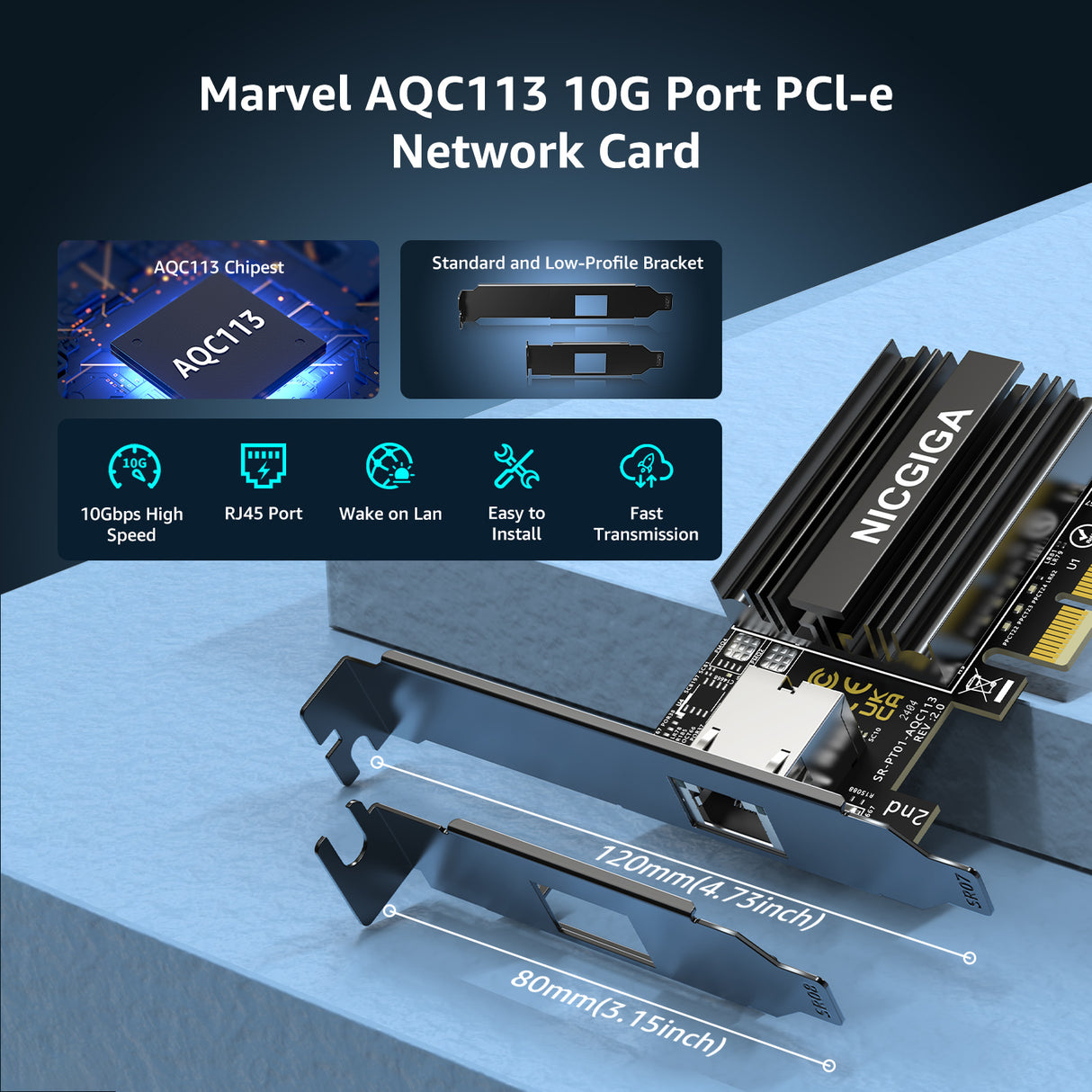 10G Base-T PCI-e Netzwerkkarte, Marvell AQtion AQC113C Controller, NICGIGA 10Gb Ethernet Adapter, 10Gbe RJ45 Port NIC Karte, Windows10/11/Windows Server/Linux 