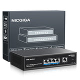 NICGIGA 4-Port-Gigabit-PoE-Switch, nicht verwaltet, mit 4 Ports IEEE802.3af/at PoE+ bei 78 W, 1 x 1000 Mbit/s Uplink, 5-Port-Netzwerk-Power-over-Ethernet-Switch, VLAN-Modus, Desktop-/Wandmontage. 