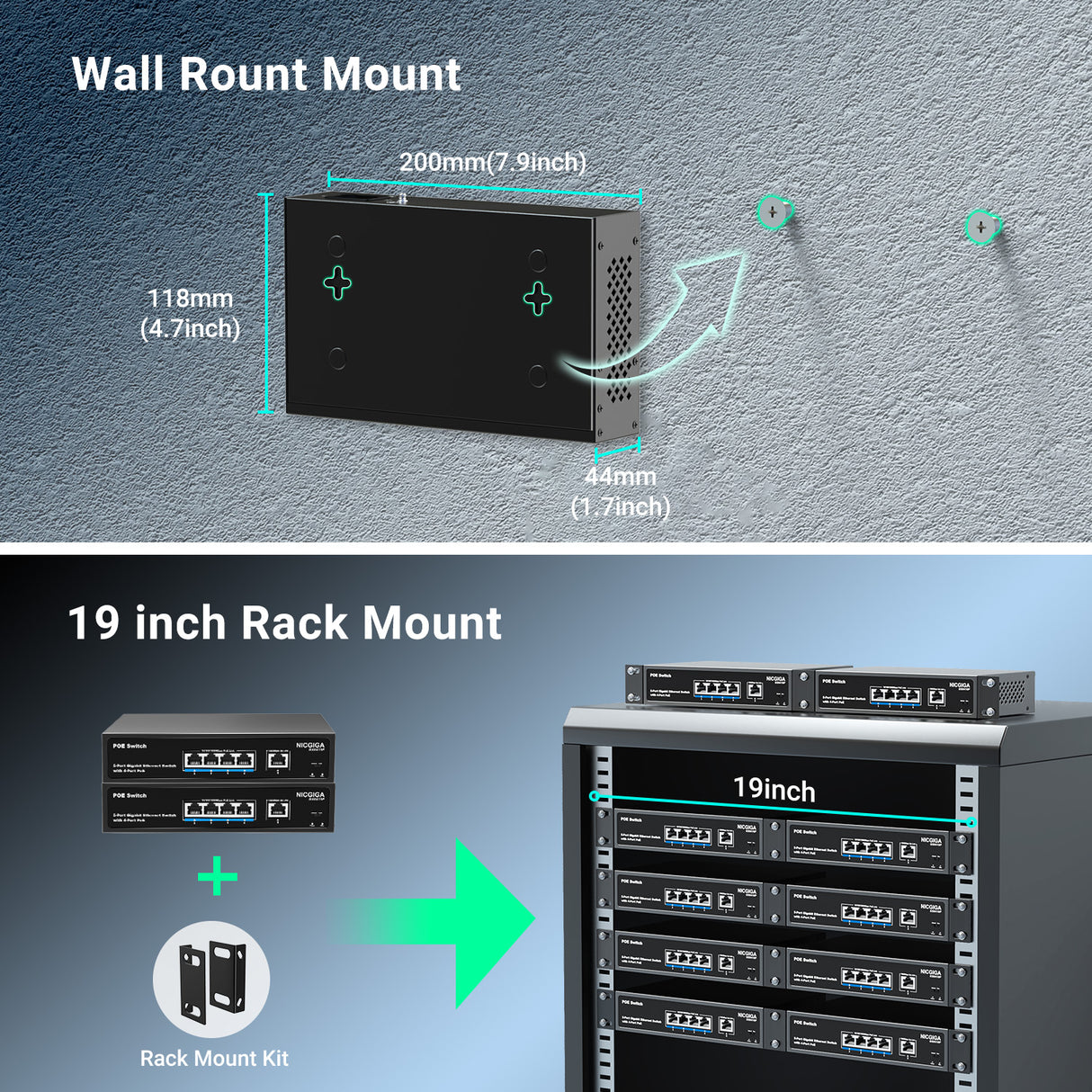 NICGIGA 4-Port-Gigabit-PoE-Switch, nicht verwaltet, mit 4 Ports IEEE802.3af/at PoE+ bei 78 W, 1 x 1000 Mbit/s Uplink, 5-Port-Netzwerk-Power-over-Ethernet-Switch, VLAN-Modus, Desktop-/Wandmontage. 