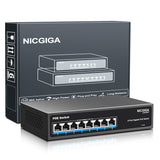 NICGIGA 8-Port-Gigabit-PoE-Switch, 8 Ports PoE+@120 W, 2 Uplink-Ports, 802.3af/at, VLAN-Modus, lüfterlos. Nicht verwalteter Power-Over-Ethernet-Netzwerk-Switch 