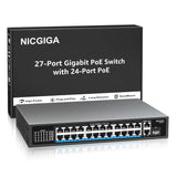 NICGIGA 24-Port-Gigabit-PoE-Switch mit 24 Ports PoE+@300 W, 2 Gigabit-Uplink-Ports, 1 SFP, stabiles Metall für Desktop-/Rack-Montage, AI Watchdog, VLAN-Modus, Plug-and-Play, nicht verwaltete Stromversorgung über Ethernet 