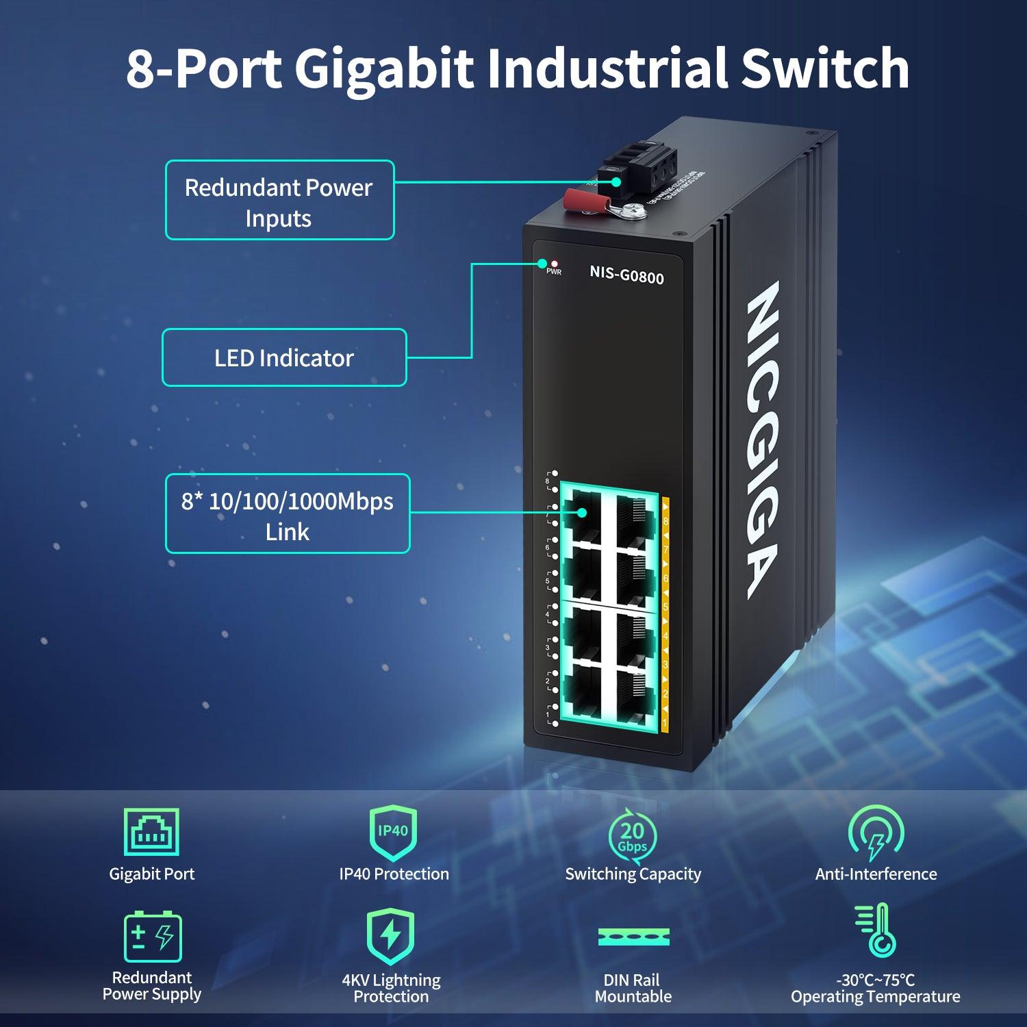 5 Port Unmanaged Industrial Gigabit Ethernet Switch - DIN Rail /  Wall-Mountable