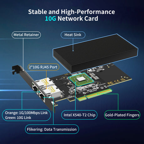 10Gb Dual LAN Base-T PCI-e Network Card, Intel X540 Controller, NICGIGA 10Gbps Ethernet Adapter, 2 * 10Gbe RJ45 Port ， 10G NIC Card, Support Windows/Windows Server/Linux/Vmware/ESX